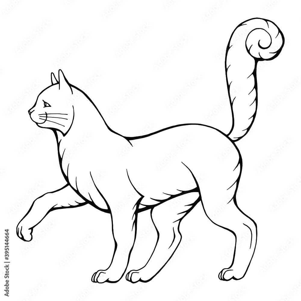 Obraz premium Hand drawn vector illustration of black and white walking cat isolated on white. For your heraldic and another design.