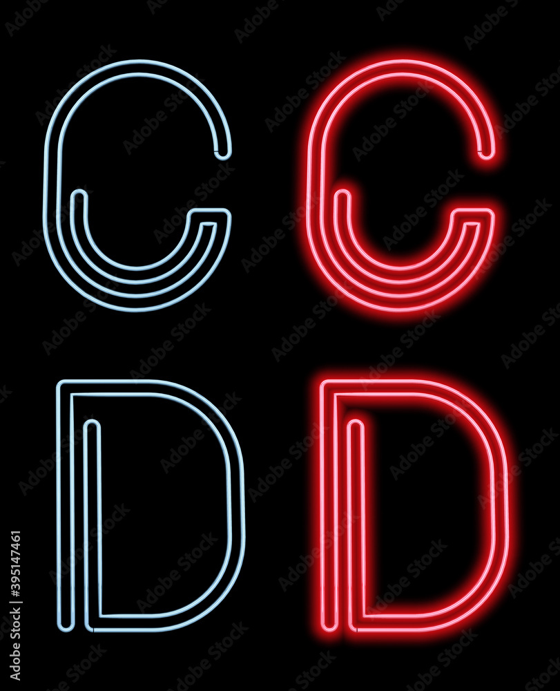 Alphabet made with neon lit letters. Letters C, D, with light on and off. 3D render on black background. Template gif ease.
Alphabet made with neon lit letters. Letters C, D, with light on and off. 3D render on black background. Template gif ease.