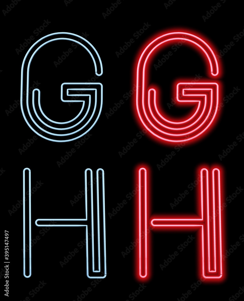 Alphabet made with neon lit letters. Letters G, H, with light on and off. 3D render on black background. Template gif ease.
Alphabet made with neon lit letters. Letters G, H, with light on and off. 3D render on black background. Template gif ease.