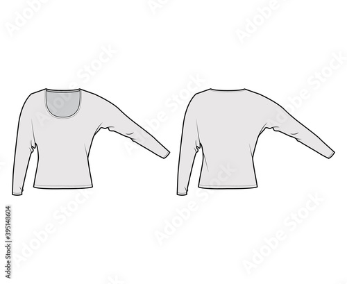 Top with long dolman sleeves technical fashion illustration with relax fit, under waist length, round neckline. Flat apparel blouse template front, back grey color. Women men unisex shirt CAD mockup