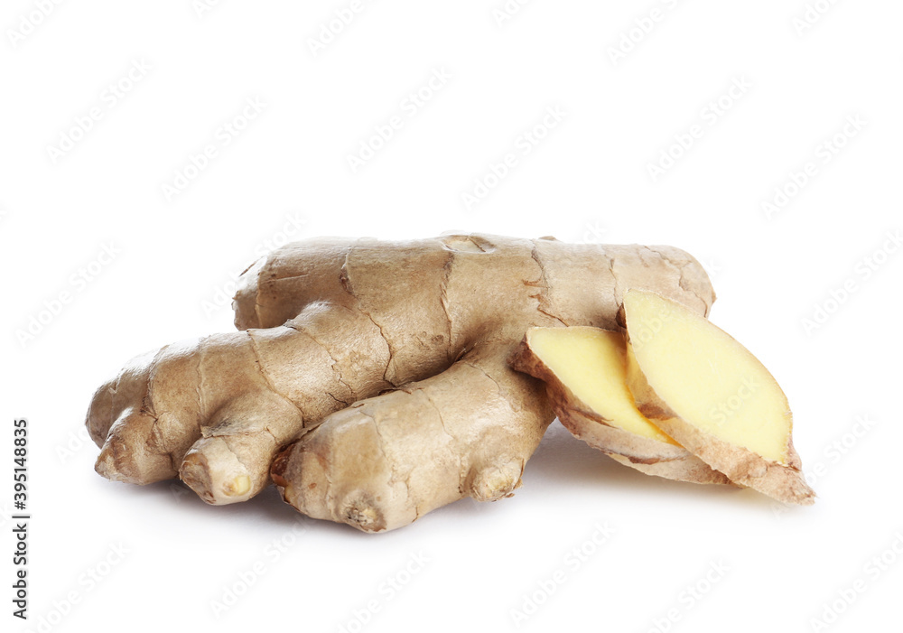 Whole and cut fresh ginger isolated on white Whole and cut fresh ginger isolated on white