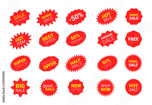Starburst sticker set for promo sale. Vector badge shape with signs design - star and oval price offer promotion