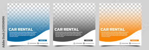 Set of editable square banner template. Car rental banner with black, orange and blue color background. Flat design vector with photo collage. Usable for social media, story and web internet ads.