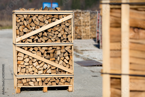 Wood pallet filled with firewood. Firewood ready for the winter season