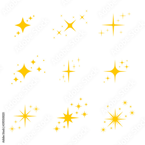 Gold, yellow stars twinkles and sparkles icons. Bright flash, dazzle light, shining glow effects set. Vector illustration.