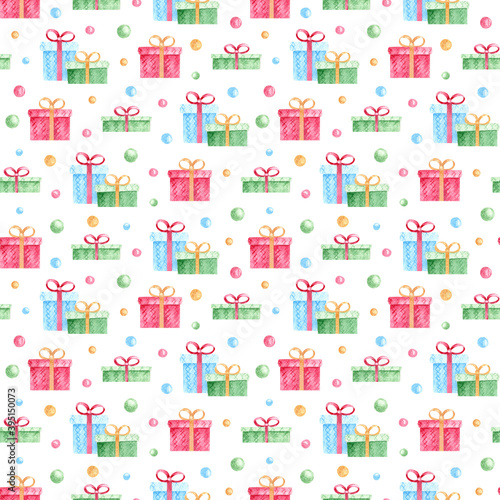 Seamless pattern with colorful christmas presents and confetti on white background. Hand drawn watercolor Christmas elements.