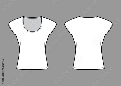 Top with short batwing sleeves technical fashion illustration with relax fit, under waist length, round neckline. Flat apparel blouse template front back white color. Women men unisex shirt CAD mockup