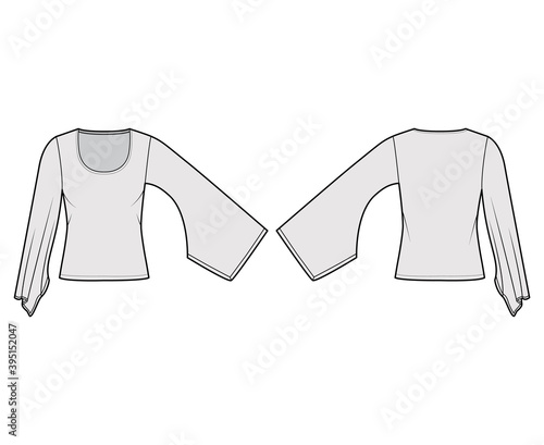 Top with Kimono long sleeves technical fashion illustration with relax fit, under waist length, round neckline. Flat apparel blouse template front, back grey color. Women men unisex shirt CAD mockup