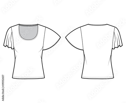 Top with short circle sleeves technical fashion illustration with relax fit, under waist length, round neckline. Flat apparel blouse template front, back white color. Women men unisex shirt CAD mockup