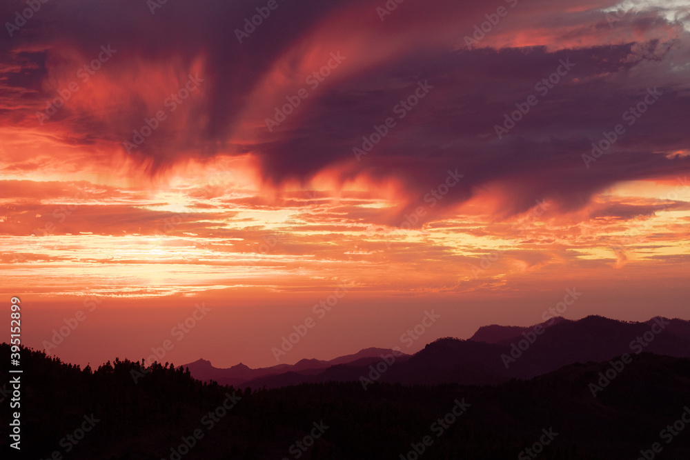 Beautiful sunset at the peak of Gran Canaria island.