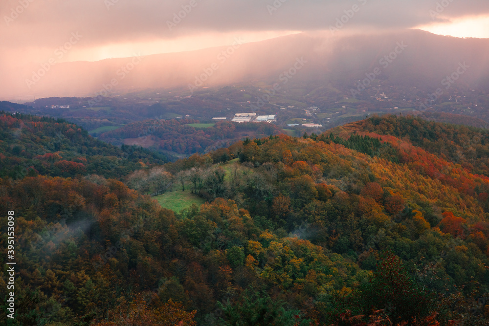 View over basque forest with autumn colors at Aiako Harriak natural park.
