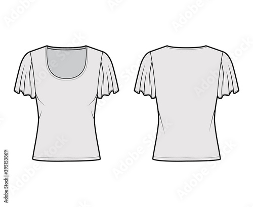 Top with short circle sleeves technical fashion illustration with relax fit, under waist length, round neckline. Flat apparel blouse template front, back grey color. Women men unisex shirt CAD mockup
