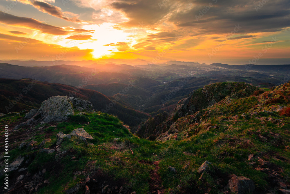 View from the top of Aiako Harriak mountain at sunset time; Basque Country