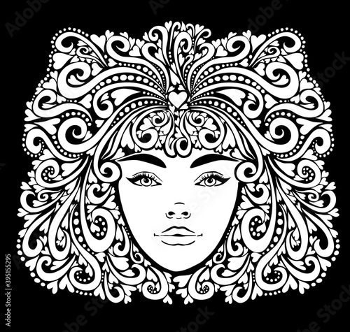 The stylized face of a beautiful girl full-face. T-shirt printing. Vector illustration