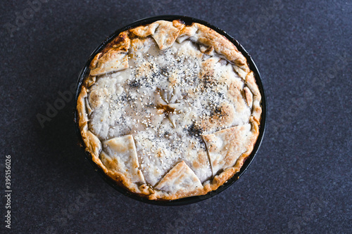 plant-based food, vegan eggplant and lentil puff pastry pie