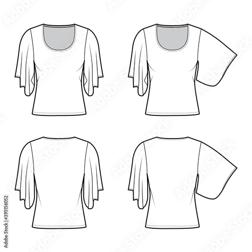 Set of Top with elbow kimono sleeves technical fashion illustration with relax fit, under waist length, round neckline. Flat apparel blouse template front, back white color. Women men shirt CAD mockup