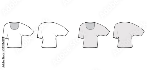 Top with elbow batwing sleeves technical fashion illustration with relax fit, under waist length, round neckline. Flat apparel blouse template front, back white grey color. Women men shirt CAD mockup