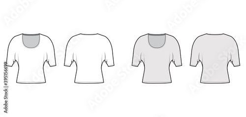 Top with elbow dolman sleeves technical fashion illustration with relax fit, under waist length, round neckline. Flat apparel blouse template front, back white grey color. Women men unisex CAD mockup