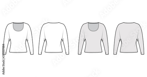 Top with long dolman sleeves technical fashion illustration with relax fit, under waist length, round neckline. Flat apparel blouse template front, back white grey color. Women unisex shirt CAD mockup