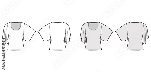 Top with elbow kimono sleeves technical fashion illustration with relax fit, under waist length, round neckline. Flat blouse template front, back white grey color. Women men unisex shirt CAD mockup