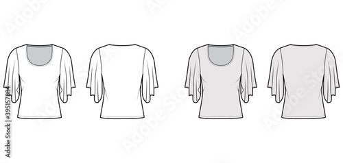 Top with elbow kimono sleeves technical fashion illustration with relax fit, under waist length, round neckline. Flat blouse template front, back white grey color. Women men unisex shirt CAD mockup