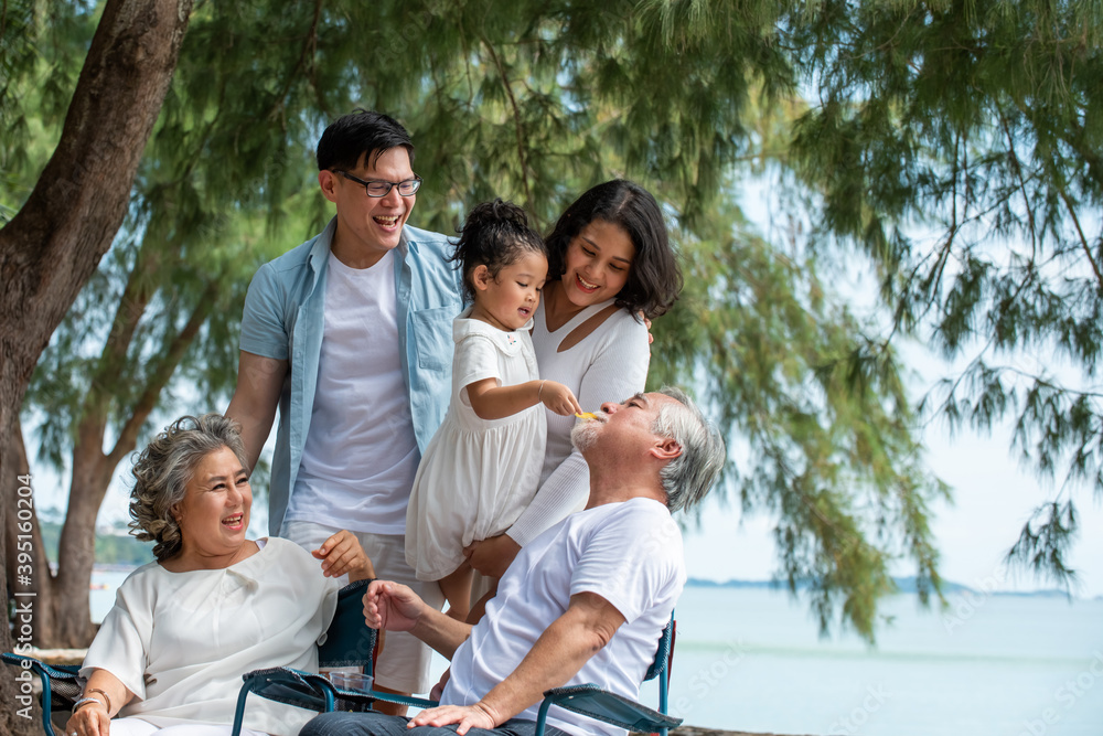 Group of Healthy multi generation Asian family enjoy picnic travel together on the beach. Parents with cute child girl and healthy senior grandparents relax and having fun on summer holiday vacation Group of Healthy multi generation Asian family enjoy picnic travel together on the beach. Parents with cute child girl and healthy senior grandparents relax and having fun on summer holiday vacation