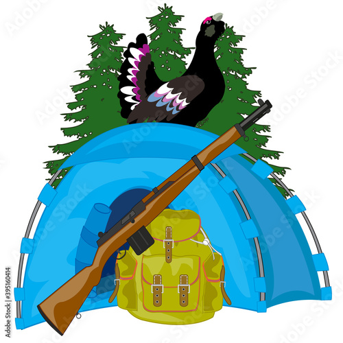 Equipment of the huntsman tent,rucksack and weapon