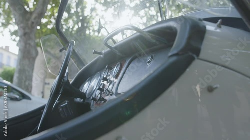 Close shot of a beautiful old car, details on dashboard