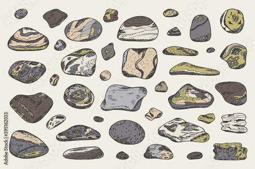 Sea stones set. Hand drawn doodle Sea Pebbles - vector illustration
