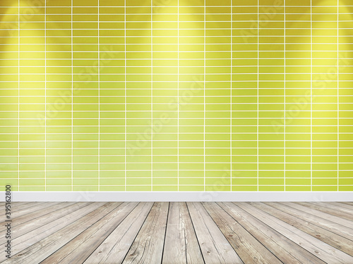 Spotlight yellow background. Empty brick wall interior