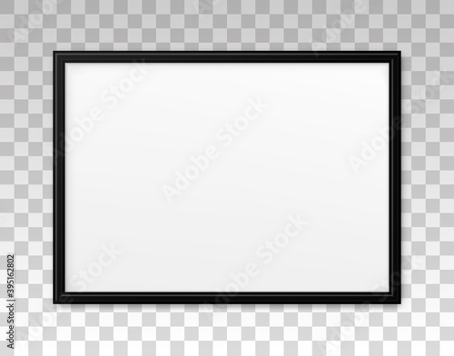 Mockup black frame photo. Shadow on wall. Mock up artwork picture framed. Horizontal boarder. Empty board a4 photoframe. Modern stylish 3d border. Design prints poster, blank, painting image. Vector