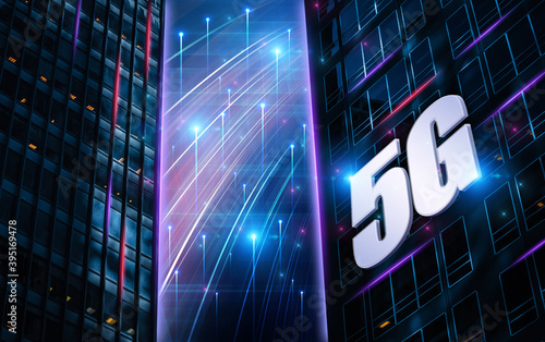 5G conceptual information technologies background illustration with 5G logo and skyscrapers in the city.