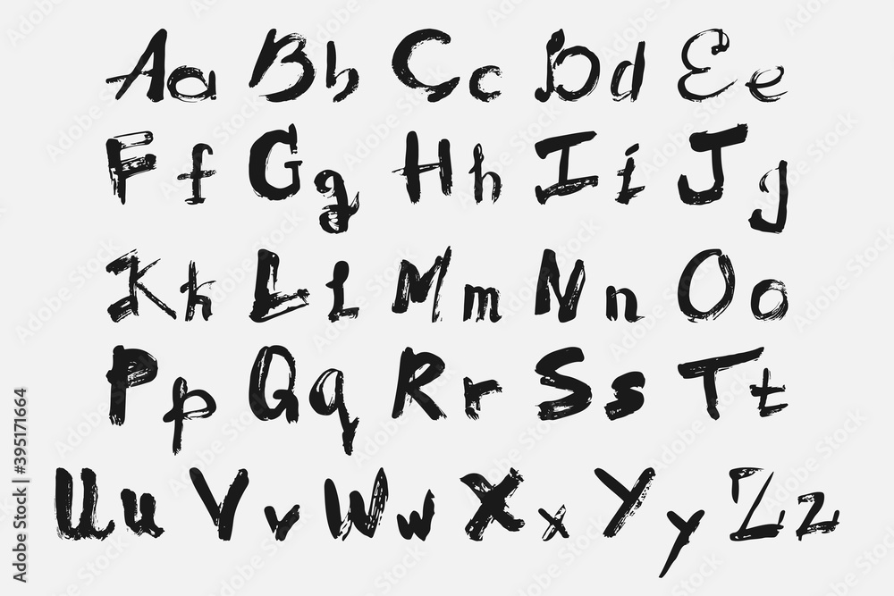 English alphabet drawn with brush. Calligraphic handwriting alphabet drawn in black letters on a white background. Set of isolated uppercase and lowercase letters in sketch style. English alphabet drawn with brush. Calligraphic handwriting alphabet drawn in black letters on a white background. Set of isolated uppercase and lowercase letters in sketch style.