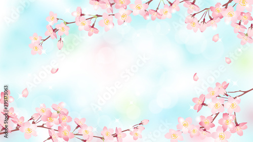 満開の桜と青空の背景素材、ベクターイラストフレーム / 横位置 © ricorico