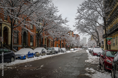 A plowed street in Boston after a night of snow
