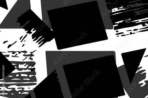 Abstract black white image with long and short intermittent liquid lines made by brush. A monochrome image drawn by hand. Dirty shabby smears of black paint. Vector eps illustration.