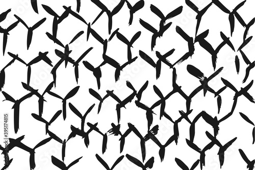 Abstract black white image with long and short intermittent liquid lines made by brush. A monochrome image drawn by hand. Dirty shabby smears of black paint. Vector eps illustration.