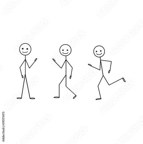 stick man sketch in different poses standing, walking, running isolated on white background