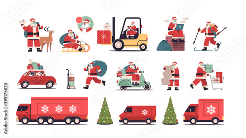 set santa claus delivering gifts merry christmas happy new year holidays celebration concept horizontal full length vector illustration