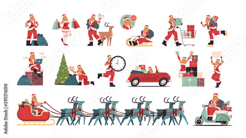 set girl in santa claus costume preparing for merry christmas and happy new year holiday celebration concept female cartoon characters collection full length horizontal vector illustration