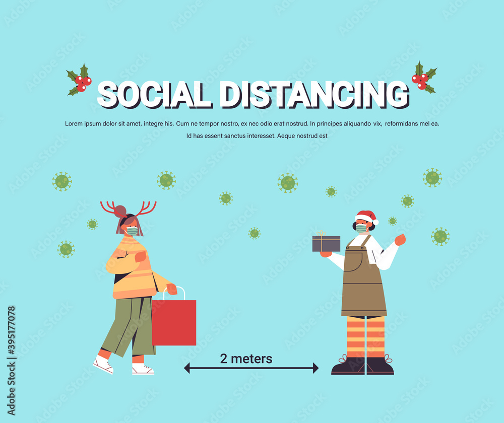 Fototapeta premium girls in masks keeping social distance to prevent coronavirus pandemic new year christmas holidays celebration concept full length horizontal copy space vector illustration