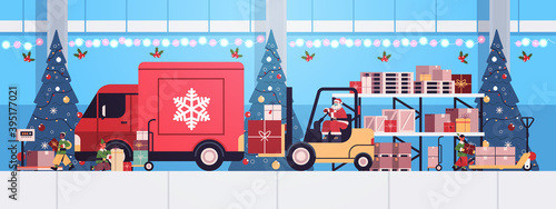 santa claus in mask forklift truck loading colorful gifts in lorry truck merry christmas happy new year express delivery concept horizontal vector illustration