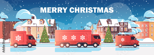red lorry trucks delivering gifts merry christmas happy new year winter holidays celebration express delivery service concept cityscape background horizontal vector illustration