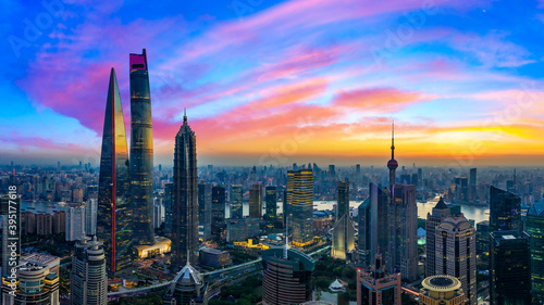Aerial view of Shanghai skyline and cityscape at sunset,China. © ABCDstock