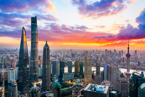 Aerial view of Shanghai skyline and cityscape at sunset China.