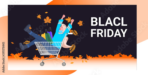 woman with shopping bags sitting in trolley cart black friday big sale promotion discount concept full length horizontal vector illustration