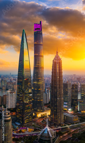 Photography Aerial view of Shanghai skyline and cityscape at sunset,China.