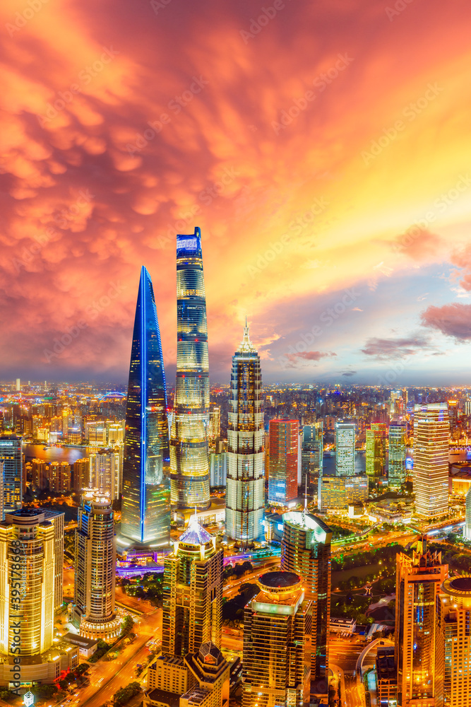 Obraz premium Aerial view of Shanghai skyline and cityscape at night,China.