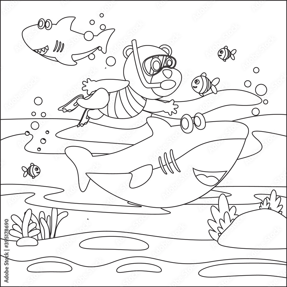 Vector cartoon illustration of little monkey andshark, with cartoon style Childish design for kids activity colouring book or page.
