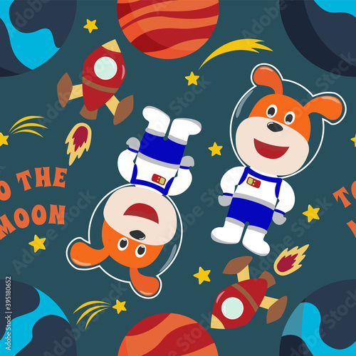 Vector seamless pattern with cute  little astronaut  rocket and stars. Creative vector childish background for fabric  textile  nursery wallpaper  poster  brochure. Vector illustration background.